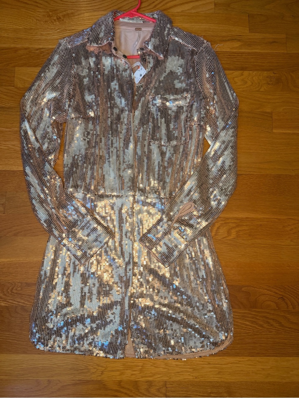 Free People Sequin Shirt Dress Rose Gold Metallic Sparkle Button Front NWT S